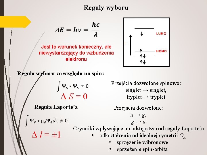 Reguły wyboru Jest to warunek konieczny, ale niewystarczający do wzbudzenia elektronu Reguła wyboru ze