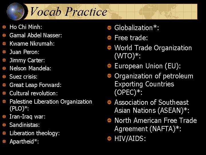 Vocab Practice Ho Chi Minh: Gamal Abdel Nasser: Kwame Nkrumah: Juan Peron: Jimmy Carter: