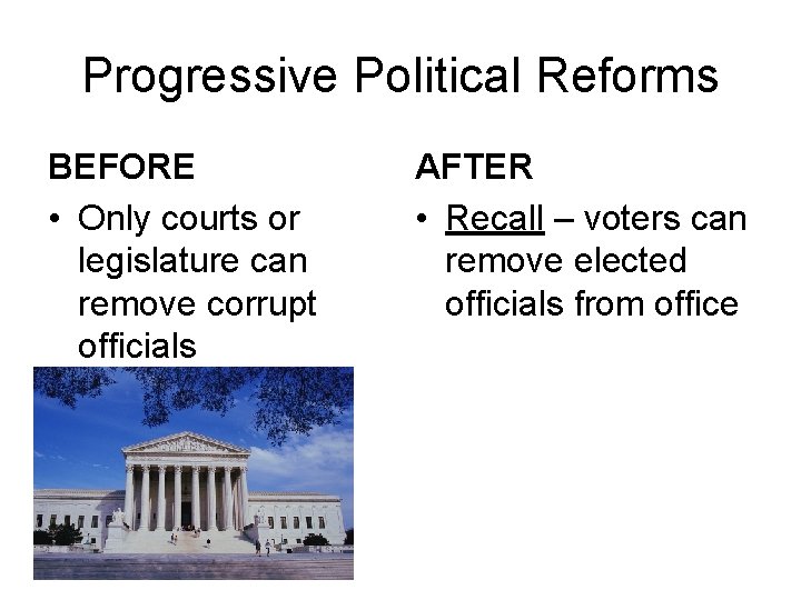 Progressive Political Reforms BEFORE • Only courts or legislature can remove corrupt officials AFTER