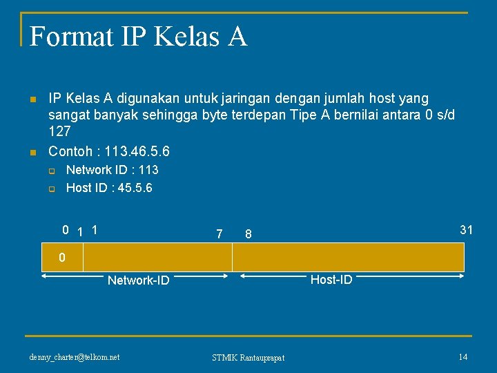 Format IP Kelas A n n IP Kelas A digunakan untuk jaringan dengan jumlah