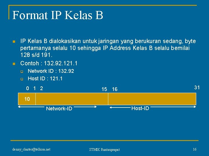 Format IP Kelas B n n IP Kelas B dialokasikan untuk jaringan yang berukuran Format IP Kelas B n n IP Kelas B dialokasikan untuk jaringan yang berukuran
