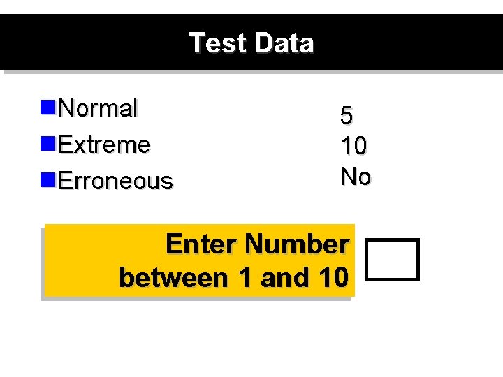 Test Data n. Normal n. Extreme n. Erroneous 5 10 No Enter Number between