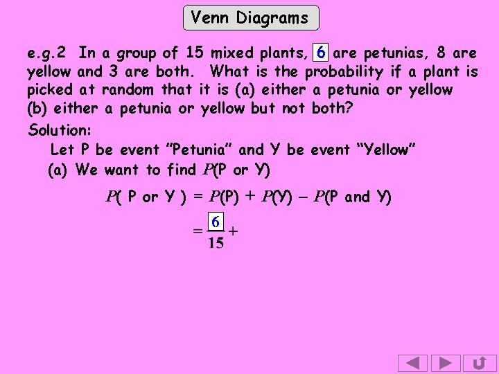 Venn Diagrams e. g. 2 In a group of 15 mixed plants, 6 are