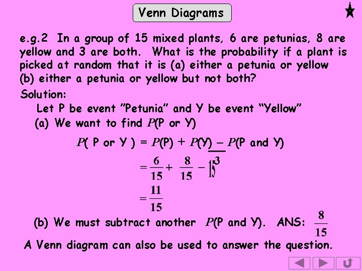 Venn Diagrams e. g. 2 In a group of 15 mixed plants, 6 are