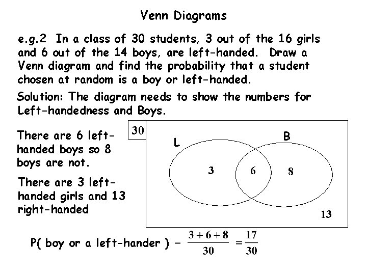 Venn Diagrams e. g. 2 In a class of 30 students, 3 out of