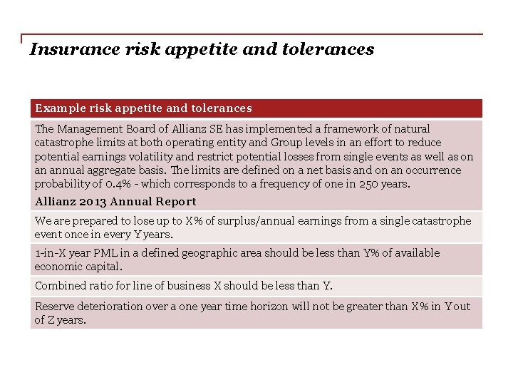 Insurance risk appetite and tolerances Example risk appetite and tolerances The Management Board of