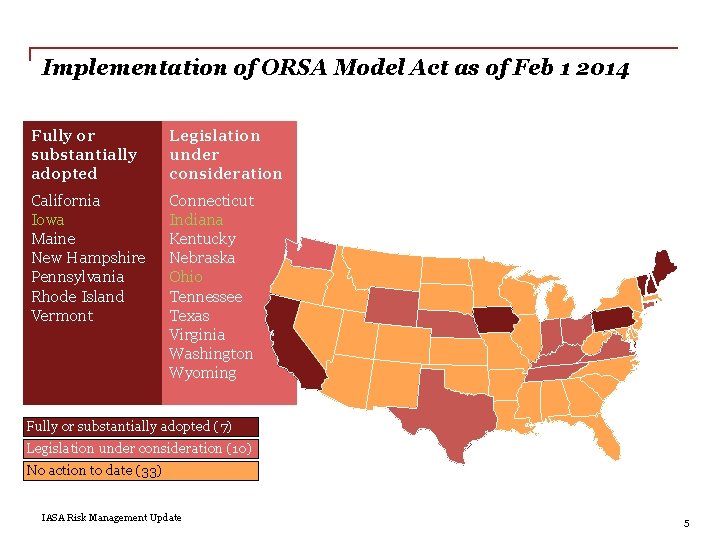 Implementation of ORSA Model Act as of Feb 1 2014 Fully or substantially adopted