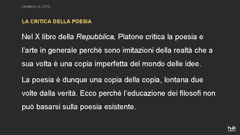 L’ANIMA E LA CITTÀ LA CRITICA DELLA POESIA Nel X libro della Repubblica, Platone