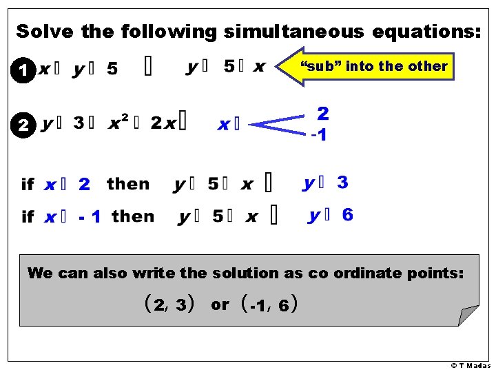Solve the following simultaneous equations: “sub” into the other 1 2 We can also Solve the following simultaneous equations: “sub” into the other 1 2 We can also