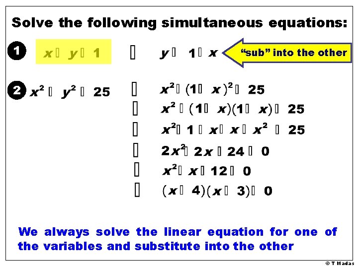 Solve the following simultaneous equations: 1 “sub” into the other 2 We always solve Solve the following simultaneous equations: 1 “sub” into the other 2 We always solve