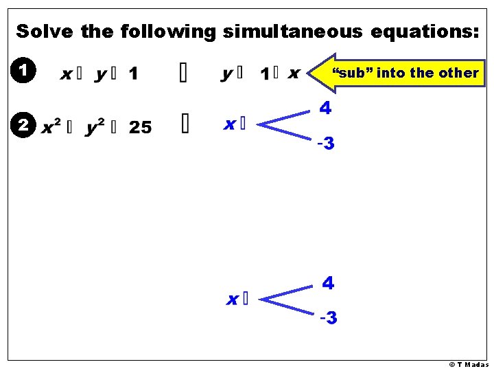Solve the following simultaneous equations: 1 “sub” into the other 2 © T Madas Solve the following simultaneous equations: 1 “sub” into the other 2 © T Madas