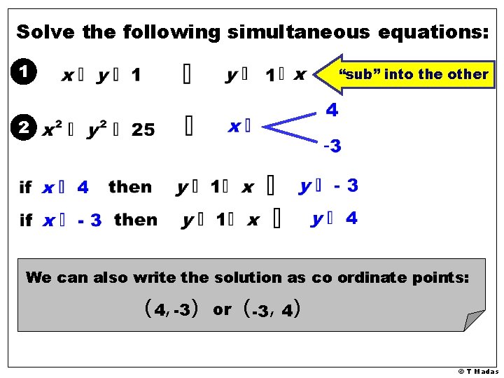 Solve the following simultaneous equations: 1 “sub” into the other 2 We can also Solve the following simultaneous equations: 1 “sub” into the other 2 We can also