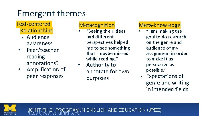 Emergent themes Text-centered Relationships • Audience awareness • Peer/teacher reading annotations? • Amplification of