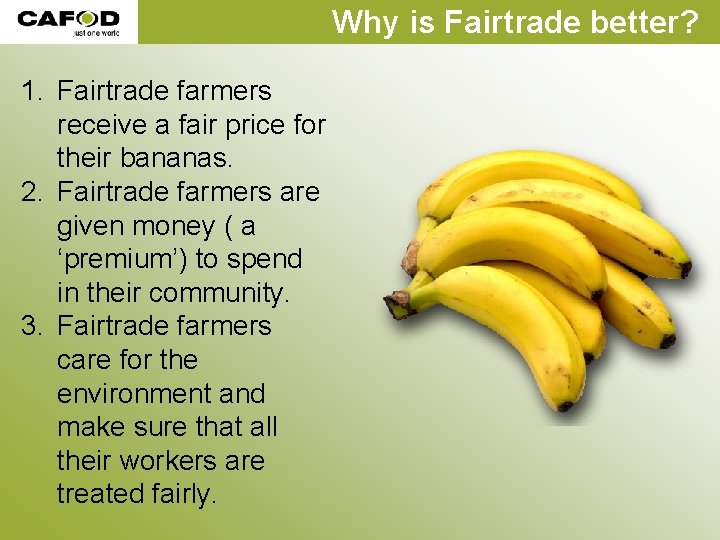 Why is Fairtrade better? 1. Fairtrade farmers receive a fair price for their bananas. Why is Fairtrade better? 1. Fairtrade farmers receive a fair price for their bananas.