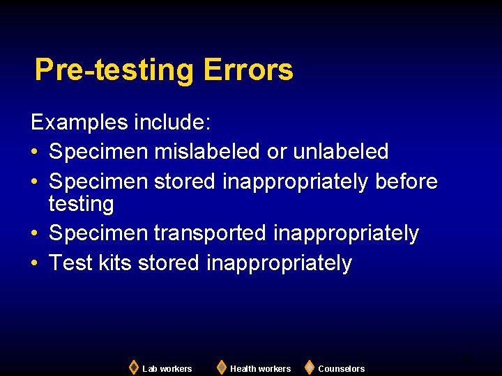 Pre-testing Errors Examples include: • Specimen mislabeled or unlabeled • Specimen stored inappropriately before