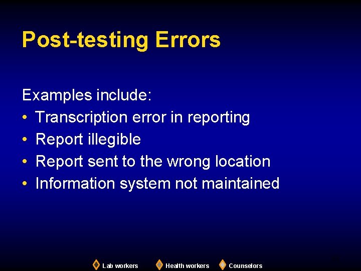 Post-testing Errors Examples include: • Transcription error in reporting • Report illegible • Report
