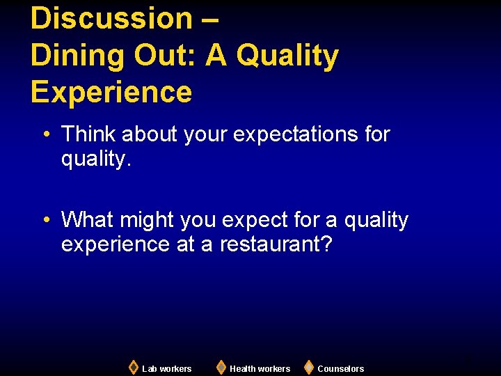 Discussion – Dining Out: A Quality Experience • Think about your expectations for quality.