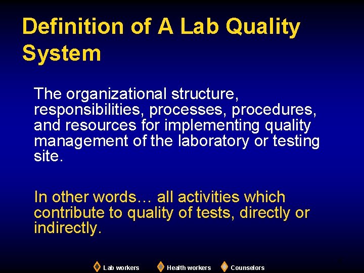 Definition of A Lab Quality System The organizational structure, responsibilities, processes, procedures, and resources