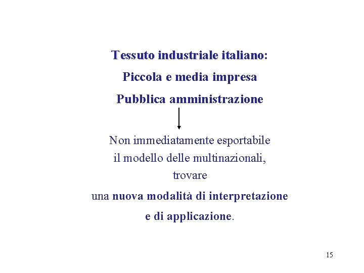 Tessuto industriale italiano: italiano Piccola e media impresa Pubblica amministrazione Non immediatamente esportabile il