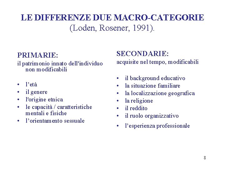 LE DIFFERENZE DUE MACRO-CATEGORIE (Loden, Rosener, 1991). PRIMARIE: il patrimonio innato dell'individuo non modificabili