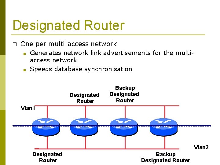 Designated Router � One per multi-access network ■ Generates network link advertisements for the