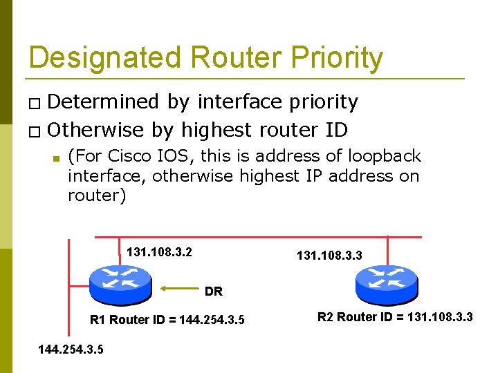 Designated Router Priority � Determined by interface priority � Otherwise by highest router ID