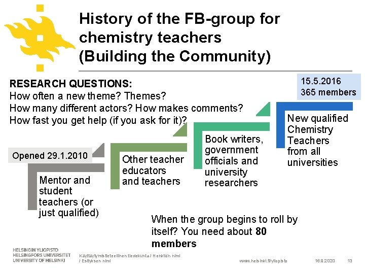 History of the FB-group for chemistry teachers (Building the Community) RESEARCH QUESTIONS: How often