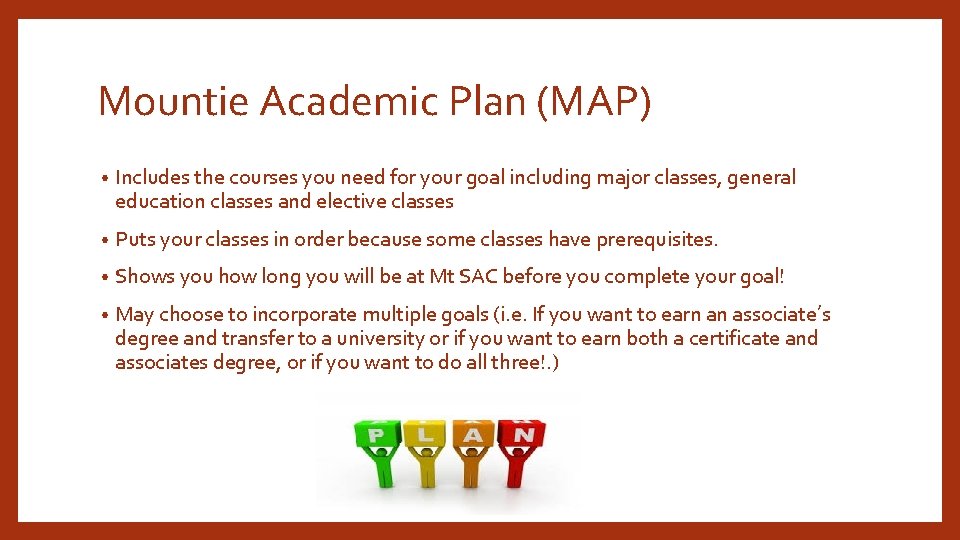 Mountie Academic Plan (MAP) • Includes the courses you need for your goal including