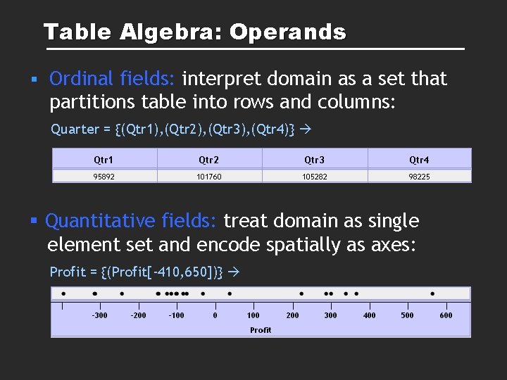 Table Algebra: Operands § Ordinal fields: interpret domain as a set that partitions table Table Algebra: Operands § Ordinal fields: interpret domain as a set that partitions table
