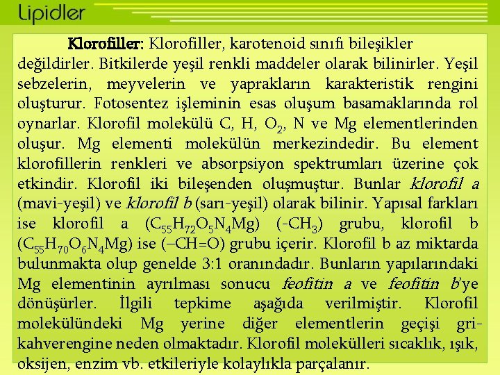Klorofiller: Klorofiller, karotenoid sınıfı bileşikler değildirler. Bitkilerde yeşil renkli maddeler olarak bilinirler. Yeşil sebzelerin,