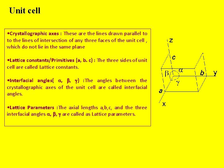 Unit cell • Crystallographic axes : These are the lines drawn parallel to to