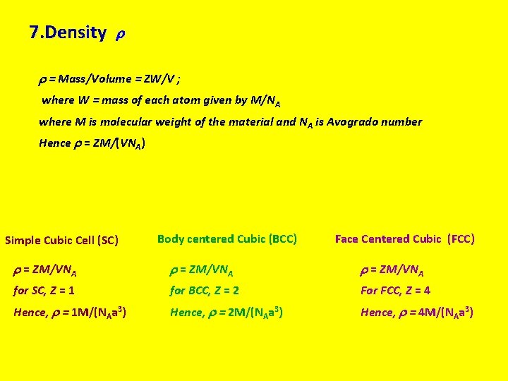 7. Density = Mass/Volume = ZW/V ; where W = mass of each atom