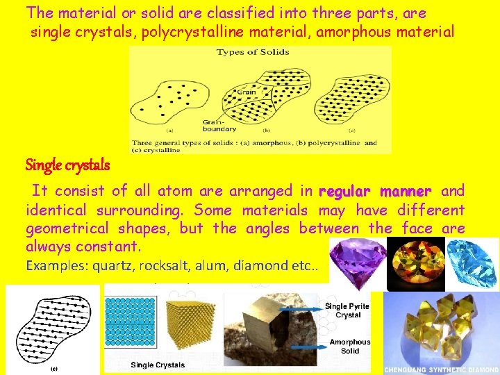 The material or solid are classified into three parts, are single crystals, polycrystalline material,