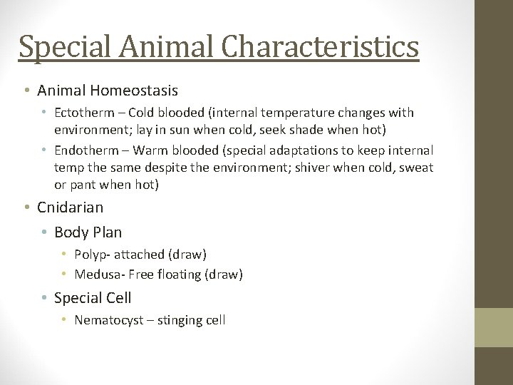 Special Animal Characteristics • Animal Homeostasis • Ectotherm – Cold blooded (internal temperature changes