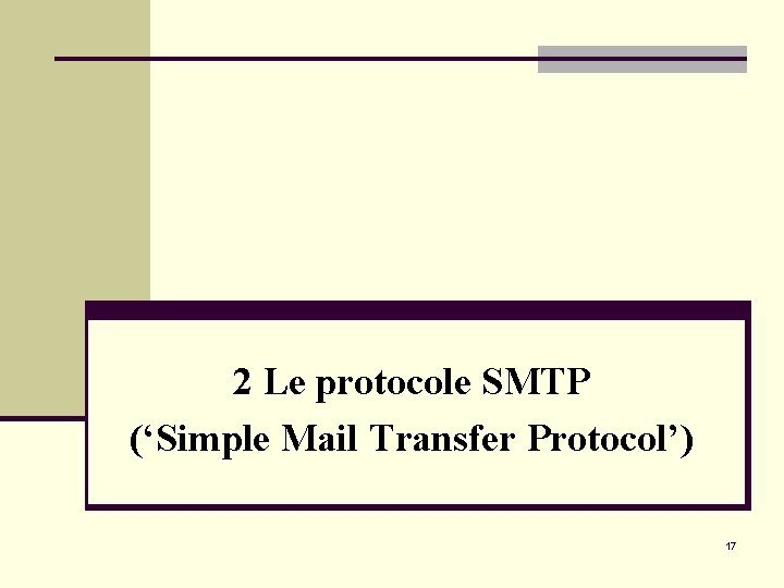 2 Le protocole SMTP (‘Simple Mail Transfer Protocol’) 17 2 Le protocole SMTP (‘Simple Mail Transfer Protocol’) 17