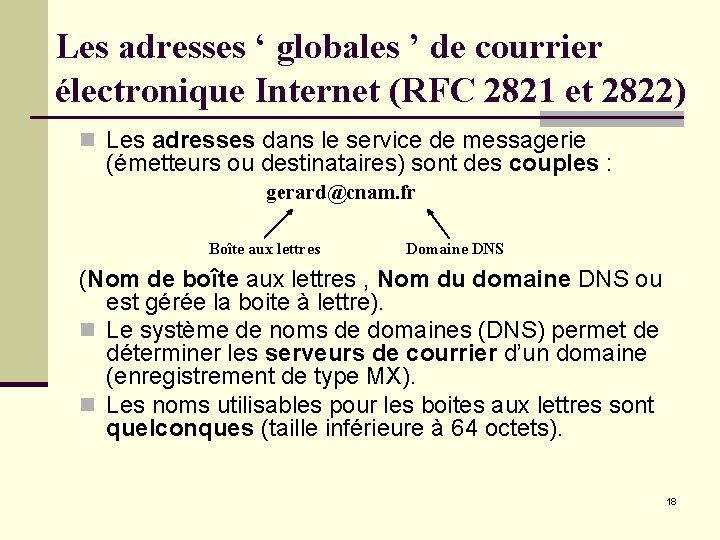 Les adresses ‘ globales ’ de courrier électronique Internet (RFC 2821 et 2822) n Les adresses ‘ globales ’ de courrier électronique Internet (RFC 2821 et 2822) n