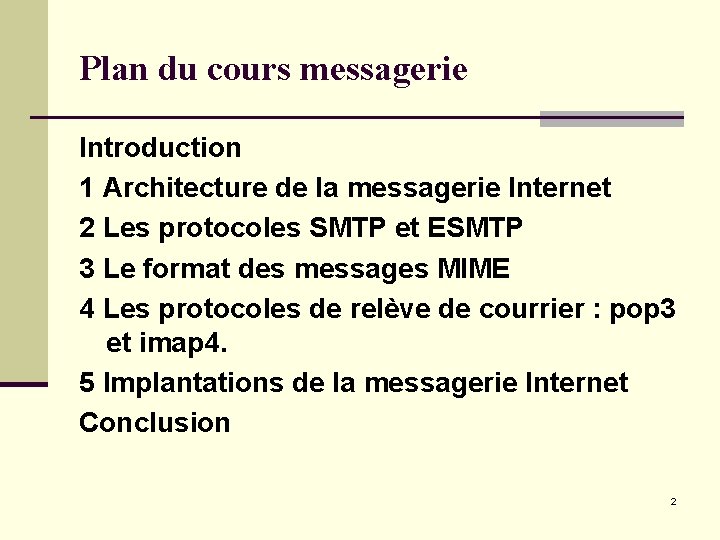 Plan du cours messagerie Introduction 1 Architecture de la messagerie Internet 2 Les protocoles Plan du cours messagerie Introduction 1 Architecture de la messagerie Internet 2 Les protocoles