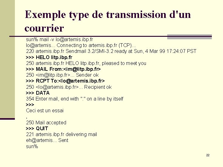 Exemple type de transmission d'un courrier sun% mail -v lo@artemis. ibp. fr lo@artemis. . Exemple type de transmission d'un courrier sun% mail -v lo@artemis. ibp. fr lo@artemis. .