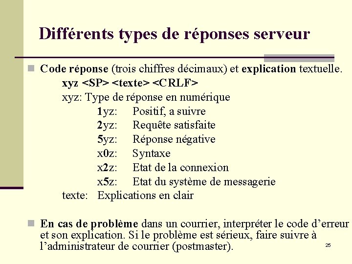 Différents types de réponses serveur n Code réponse (trois chiffres décimaux) et explication textuelle. Différents types de réponses serveur n Code réponse (trois chiffres décimaux) et explication textuelle.