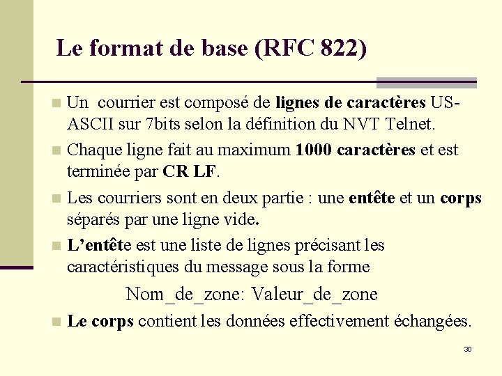 Le format de base (RFC 822) Un courrier est composé de lignes de caractères Le format de base (RFC 822) Un courrier est composé de lignes de caractères