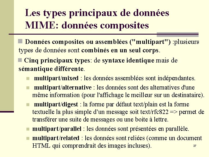 Les types principaux de données MIME: données composites n Données composites ou assemblées ("multipart") Les types principaux de données MIME: données composites n Données composites ou assemblées ("multipart")