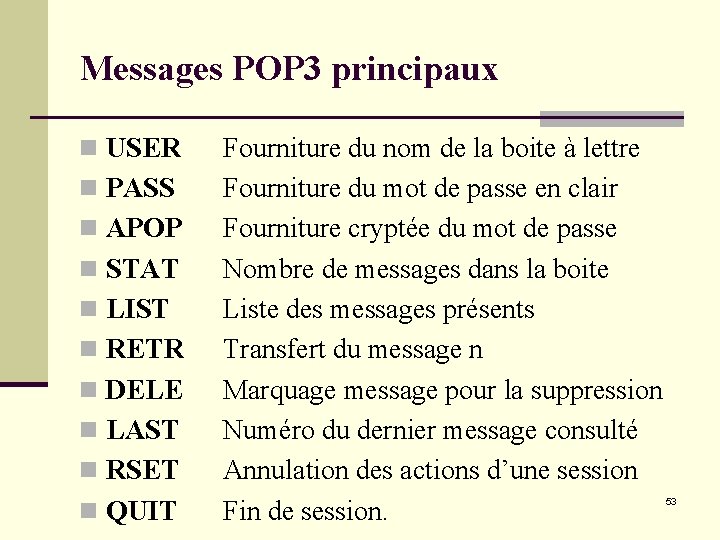 Messages POP 3 principaux n USER n PASS n APOP n STAT n LIST Messages POP 3 principaux n USER n PASS n APOP n STAT n LIST