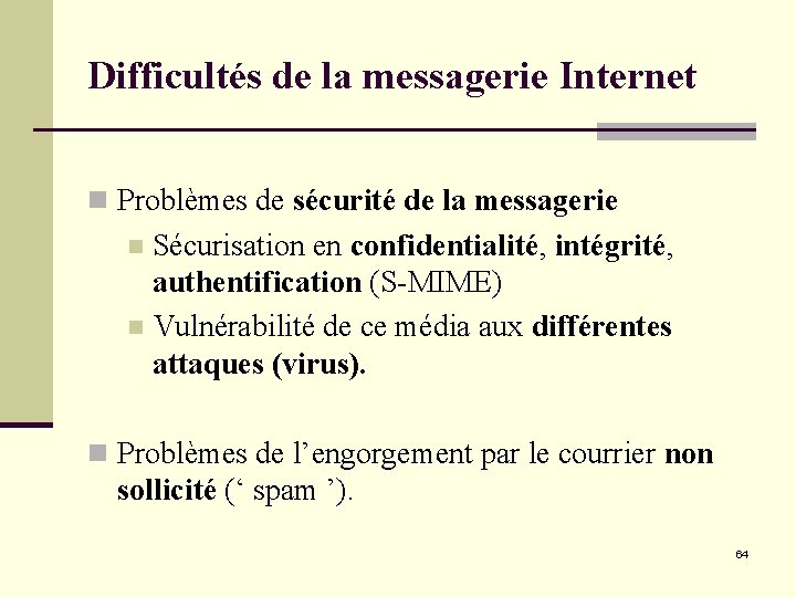 Difficultés de la messagerie Internet n Problèmes de sécurité de la messagerie Sécurisation en Difficultés de la messagerie Internet n Problèmes de sécurité de la messagerie Sécurisation en