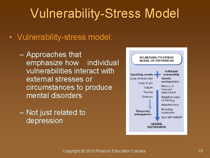 Vulnerability-Stress Model • Vulnerability-stress model: – Approaches that emphasize how individual vulnerabilities interact with