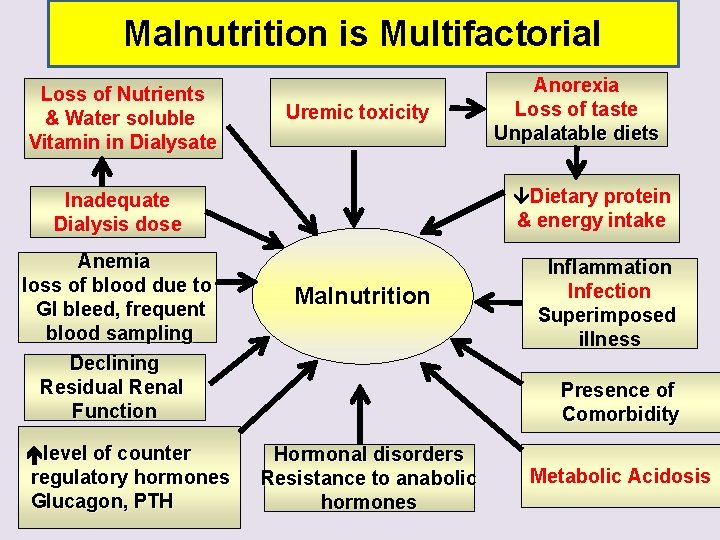 Malnutrition is Multifactorial Loss of Nutrients & Water soluble Vitamin in Dialysate Uremic toxicity