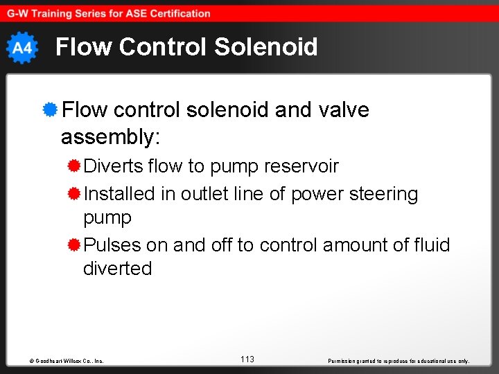 Flow Control Solenoid Flow control solenoid and valve assembly: Diverts flow to pump reservoir