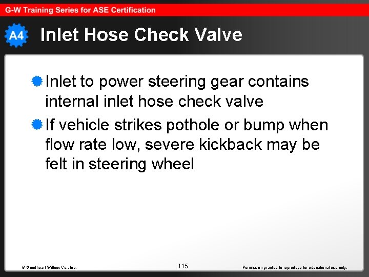 Inlet Hose Check Valve Inlet to power steering gear contains internal inlet hose check