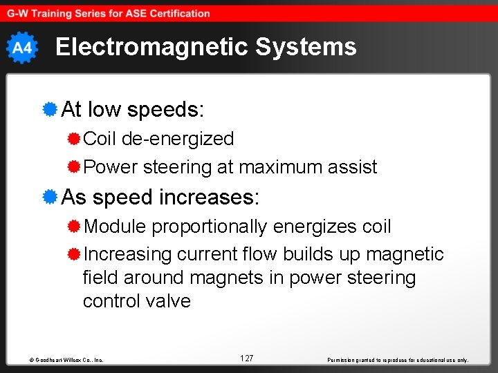 Electromagnetic Systems At low speeds: Coil de-energized Power steering at maximum assist As speed