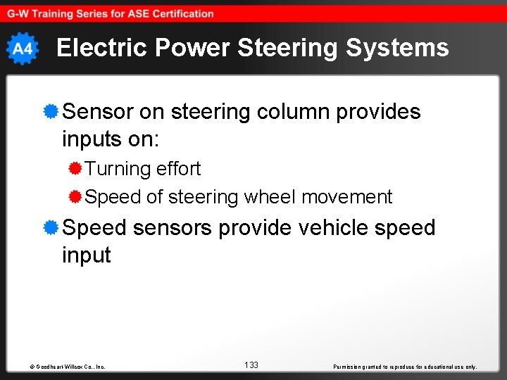 Electric Power Steering Systems Sensor on steering column provides inputs on: Turning effort Speed