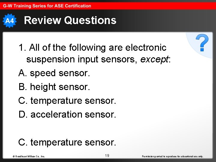 Review Questions 1. All of the following are electronic suspension input sensors, except: A.